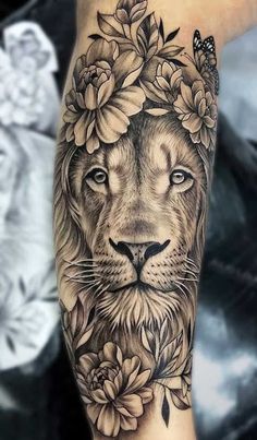 a lion with flowers on its head and a butterfly in the middle of it's face