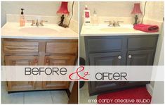 before and after photos of a bathroom vanity with white countertops, gray cabinets, and red rug