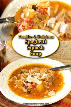 healthy and delicious spaghetti squash soup recipe on a white plate with a spoon in it