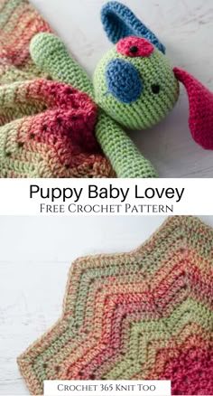 two crocheted baby blankets with the words puppy baby lovey written on them