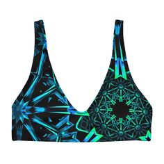 Elevate your rave game with our Fractals Padded V-Top. This psychedelic masterpiece, adorned with a blue and green gradient fractal design, will make a bold statement at your next festival or rave. Carefully crafted from 88% recycled polyester, it's a style choice that echoes your commitment to sustainability. The top includes 12% elastane for an impeccable, comfortable fit and features removable padding for customized comfort. Like the rest of our Fractals Collection, this piece is made on-dema Rave Bra, Green Gradient, Fractal Design, Rave Outfit, Rave Wear, Rave Outfits, Blue And Green, Women Swimsuits, Sustainability