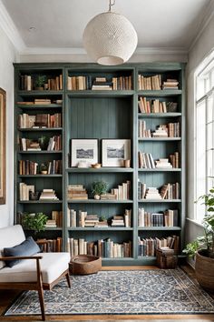 Modern home library idea with a neutral color palette Books Styling Ideas, Corner Bookshelves Built In, Old English Library Study, Wall To Ceiling Bookshelves, Bedroom Into Library, Home Office And Library Ideas, Bookcase Color Ideas, Build In Bookshelves Living Room, Green Reading Room