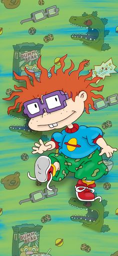 a cartoon character with red hair and glasses in the middle of a green background filled with money