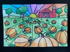 a drawing of pumpkins in front of a barn with a colorful sky and sun