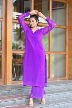 PRODUCT DESCRIPTION:-Let your personal style speak about your personality ,As you look absolutely gorgeous in our Purple Chiffone Co-Ord set.Kurta Fabric :- ChiffonPant Fabric :- ChiffonColor:-PurpleCare Instructions :- Dry clean onlyModel Size :- Model is wearing XS sizeModel Height :- 5.5''DISCLAIMER :- Slight color variations may occur due to different screen resolution. Festive Purple V-neck Sets, Elegant Purple Long Sleeve Palazzo Set, Elegant Long Sleeve Purple Palazzo Set, Fitted Purple Palazzo Set With Long Sleeve, Elegant Purple Straight Kurta Set, Elegant Purple V-neck Sets, Purple Long Sleeve Sets For Summer, Purple Long Sleeve Summer Set, Purple V-neck Summer Sets