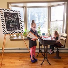 "We have number three coming. Due on 10-1-2015. I hid a little 'Easter Egg' in plain site on the chalkboard. Hence the Big sister training '101 class of 2015.'" Best Pregnancy Announcement, Third Pregnancy Announcement, Third Baby Announcements, Easter Pregnancy Announcement, Birth Announcement Design, Pregnancy Ideas