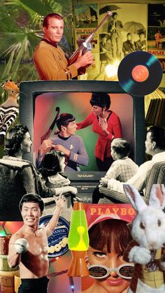 a collage of photos with people and animals in the background, including an old fashioned television