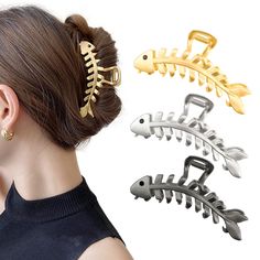 PRICES MAY VARY. 【PACKAGE CONTENT】- You will get 3 Fish bone shape hair clips. The sufficient quantity can meet your daily uses and replacement needs; You can share them with your family or friends. 【FASHION DESIGN】- This Fish Bone Shape hair clamp adopts a hollow and geometric design, this unique style makes this hair claw looks very simple and special. strong, interlocking teeth hold the hair in place well; Simple, elegant, and looks great on your hair. 【PREMIUM MATERIAL】- These fish hair barr Fish Tail Hair, Fishbone Hairstyle, Fish Hair, Fishtail Hairstyles, Hair Clamp, Tail Hair, 3 Fish, Gold Hair Accessories, Hair Clamps