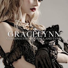 a woman with long blonde hair and black gloves on her chest is posing for the cover of gracelyn magazine