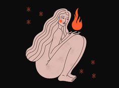 a woman with long hair sitting on the ground in front of a fire and stars