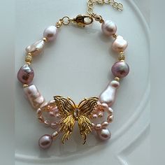 Handmade Pink Freshwater Pearl Butterfly Pearl Bracelet Gold Plated Handmade Gold Feminine Bracelets, Handmade Feminine Gold Bracelets, Pink Pearl Beaded Bracelets For Jewelry Making, Pink Pearl Jewelry Gift, Pink Pearl Jewelry For Gifts, Pink Pearl Jewelry For Gift, Bohemian Pink Pearl Bracelet For Jewelry Making, Pink Pearl Bracelet Gift, Feminine Pink Pearl Bracelet For Gift