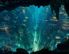 an underwater cave with many fish swimming in the water and lights shining on the walls