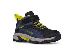 Merrell Kids Moab Speed 2 Mid A/C Waterproof (Little Kid/Big Kid) - Kids Shoes : Navy/Hi Viz : Get ready for an impactful performance across all terrains in all unfavorable conditions wearing Merrell Kids Moab Speed 2 Mid A/C Waterproof Sneakers come in a seam sealed waterproof construction to help keep feet dry and traditional lace closure for secure fit. The mid-top sneakers are engineered with a synthetic and textile upper for breathability, textile lining, recycled polysock construction, EVA footbed, and floatpro foam midsole for enhanced cushioning and energy return Round toe shape. Hook-and-loop strap. Ankle pull tab for donning doffing. Non-marking rubber outsole with extra grip. Imported. Measurements: Heel Height: 7 8 in Weight: 8.992 oz Product measurements were taken using size Mid-top Skate Shoes With Rubber Sole For Sports, Outdoor Mid-top Skate Shoes With Boost Midsole, Mid-top Hiking Boots With Rubber Sole For Outdoor Activities, Mid-top Hiking Sneakers With Rubber Sole, Mid-top Hiking Sneakers With Reinforced Toe, Waterproof Sneakers, Mid Top Sneakers, Mid Top, Big Kid