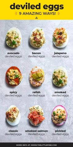 an image of deviled eggs with different types of toppings on them and the words deviled eggs