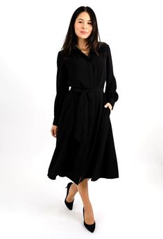 Classic Belted Shirt Dress For Semi-formal Occasions, Black Belted Midi Dress For Semi-formal Occasions, Knee-length Belted Shirt Dress For Semi-formal, Black Belted Business Dress, Elegant Office Shirt Dress With Pockets, Belted Shirt Dress For Formal Fall Occasions, Elegant Long Sleeve Belted Shirt Dress, Long Sleeve Business Dress With Pockets, Formal Belted Shirt Dress For Fall