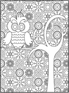 an owl sitting on a tree branch in the middle of a coloring page with flowers and swirls