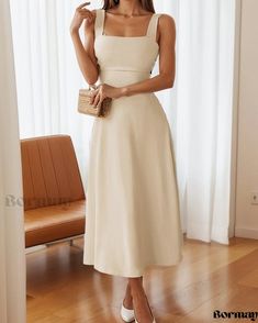 Bormay - Elegant Solid-Colored Sleeveless Dress with a Refined Look Chic Sleeveless Dress With Spaghetti Straps, Elegant Sleeveless Dress With Spaghetti Straps In Solid Color, Chic Beige Halter Neck Sleeveless Dress, Elegant Sleeveless Halter Neck Dress In Solid Color, Sleeveless Beige Maxi Dress For Date Night, Beige Sleeveless Maxi Dress For Date Night, Elegant Sleeveless Solid Color Maxi Dress, Sleeveless Solid Color Midi Evening Dress, Sleeveless Solid Color Midi Dress For Evening