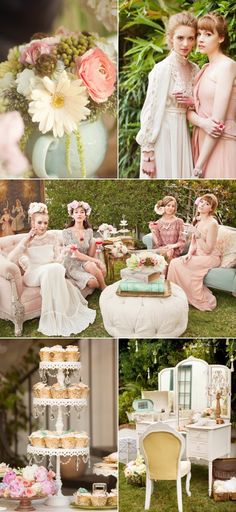 a collage of photos with flowers and greenery on them, including a bride and groom standing next to their wedding cake