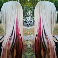 Platinum Pink And Black Hair, Platinum Blonde Hair With Hot Pink, Platinum Blonde Hair With Pink Tips, Blonde Hair With Pink And Black Streaks, Hot Pink And Platinum Hair, Long Blonde And Pink Hair, Blonde Pink Black Hair, Blonde And Magenta Hair, Colored Streaks In Blonde Hair