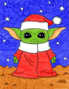 a drawing of a baby yoda wearing a santa hat