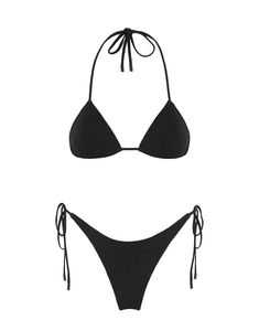 A side-tie bikini in black. Fully adjustable triangle top and bottoms with self-tie fastenings. This bikini also comes with a neoprene drawstring backpack.Models wears XS top and XS bottom.   Care and Composition 82% Nylon 18% Spandex. Cold Hand Wash. Do not iron. Rinse after contact with salt water or chlorine. Some c Black Bathing Suits, Triangl Swimwear, Cute Bathing Suits, Cute Bikinis, Cute Swimsuits, Triangle Top, Outer Banks, Black Top, Hogwarts