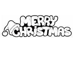 the word merry christmas written in black and white with a santa hat on it's head