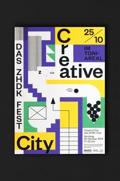 a poster with the words creative city written in black and yellow, on a black background