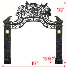 an iron gate with two birds on it and the measurements for each piece in front