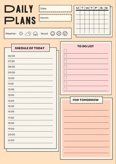 the daily planner is shown in pink and white with black writing on it, along with an orange background