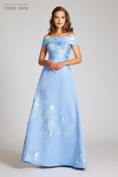 Color_Peri Multi Blue Floral Mother Of The Bride Dress, Dresses For Mother Of The Groom, Gown Shapes, Beach Wedding Black, Portrait Neckline, Mothers Gowns, Off The Shoulder Sleeves, Teri Jon, Wedding Dress With Veil