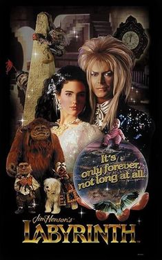 an advertisement for the movie labyrinthth with two women and a man holding a crystal ball