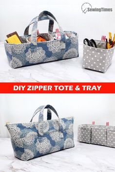 the zipper tote and tray are both made out of fabric, which is also used for storage