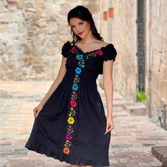 Beautifully Embroidered Black Dress. New With Tags Never Worn Fitted Casual Black Embroidered Dress, Black Short Sleeve Dress With Floral Embroidery, Black Embroidered Dress With Floral Embroidery And Short Sleeves, Black Floral Embroidered Midi Dress, Black Short Sleeve Embroidered Dress With Floral Details, Black Embroidered Short Sleeve Dress, Mexican Bridesmaid Dresses, Embroidered Black Dress, Traditional Mexican Dress