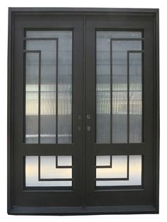 the double doors are black and have glass panels on each side, along with two sides