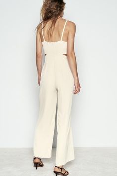 WIDE JUMPSUIT WITH CUT OUT - Ecru | ZARA United States Elegant Spaghetti Strap Jumpsuits And Rompers For Spring, Elegant Beige Jumpsuits And Rompers For Date Night, Chic Beige Evening Jumpsuits And Rompers, Elegant Strapless Summer Jumpsuit By Zara, Beige Jumpsuits And Rompers For Evening, Elegant Zara Jumpsuits And Rompers, Trench Coat Dress, Waistcoat Dress, Tshirt Skirt