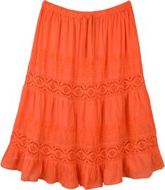 This wholesome cotton skirt in orange color with gathers on top is a cool boho chic skirt for summers and fall.  This is a casual everyday skirt with lace details, embroidery, and panels for the fullness. #tlb #Embroidered #Lace #XLPlus #Fall #Halloween #HalloweenSkirt Casual Summer Skirt With Crochet Trim, Vacation Cotton Skirt With Lace Trim, Bohemian Flowy Skirt With Crochet Trim, Bohemian Orange Skirt For Spring, Orange Summer Skirt With Elastic Waistband, Summer Orange Skirt With Elastic Waistband, Orange Bohemian Relaxed Skirt, Summer Long Skirt With Crochet Trim, Casual Orange Cotton Skirt