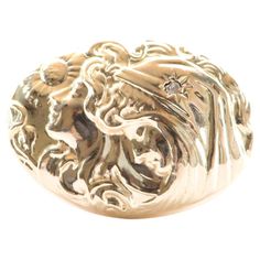 ♥ Victorian Art Nouveau Woman Face with Diamond Repousse Design Cufflinks Converted to Ring 14K Yellow Gold ♥ Solid 14k yellow gold ring set with a beautiful -shaped ♥ Gorgeous color! ♥ The item measures 14.05 mm in length, 19.3 mm in width, and stands 4.8 mm from the finger ♥ US Size (Free resizing up or down 1 size) ♥ Band width: 2.2mm ♥ Gemstone: , ct ♥ All stone(s) used are genuine, earth-mined, and guaranteed conflict free! As is with anything that is naturally occurring, our gemstones or p Art Nouveau Woman, Art Nouveau Ring, Gold Ring Sets, Victorian Art, Yellow Gold Ring, Bridal Rings, Yellow Gold Rings, Woman Face, Ring Set