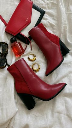 “TRIUMPH” ankle boots Red Block Heels, Gold Shoes Heels, Mui Mui, Shoe Model, Block Heel Ankle Boots, Red Boots, Heel Ankle Boots, Lace Up Heels, Style Tips