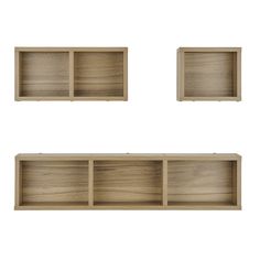 three empty wooden shelves on a white background