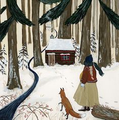 a painting of a woman walking her dog in the snow with a cabin in the background