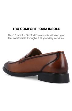 Tru Comfort Foam cushions a vegan leather penny loafer that is a must-have for any wardrobe. Slip-on Cushioned insole Manmade upper and sole Imported Brown Synthetic Loafers For Business Casual, Brown Moc Toe Synthetic Loafers, Brown Synthetic Moc Toe Loafers, Classic Brown Synthetic Loafers, Classic Synthetic Moccasins With Cushioned Footbed, Brown Synthetic Plain Toe Loafers, Business Loafers With Ortholite Insole, Synthetic Moc Toe Loafers With Cushioned Footbed, Penny Loafers Men