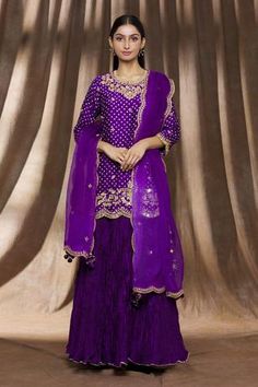 Shop for Surbhi shah Purple Pure Spun Silk Printed Kurta Lehenga Set for Women Online at Aza Fashions Bandhej Print, Sheer Dupatta, Kurta Lehenga, Printed Embroidery, Embroidered Motifs, Organza Dupatta, Set For Women, Print Pattern, Aza Fashion