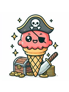 an ice cream sundae with a pirate hat and eye patch on it's face