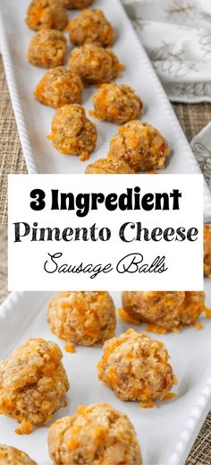 three ingredient pinenut cheese balls on a white plate with the title text overlay