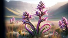 an artistic painting of purple flowers in the desert