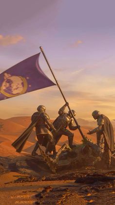 three soldiers holding flags and standing on top of a hill in front of a flag