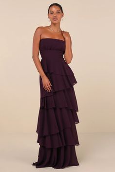 Dark Purple Tiered Dress - Strapless Maxi Dress - Purple Gown - Lulus Plum And Green Bridesmaid Dresses, Long Winter Dresses Formal, Purple Black Tie Dress, Chiffon Wedding Guest Dress, Deep Purple Formal Dress, Dark Purple Wedding Guest Dress, Purple Dress Maxi, Dark Plum Dress, Dark Plum Bridesmaid Dresses