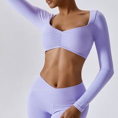 78% Nylon. 22% Spandex Soft. comfortable. skin friendly 4-way stretch. breathable and sweat-wicking Built-in Bra with Removable Pads Front Pleats Design Perfect for both sports activities and daily life Purple Micro-elastic Activewear For Workout, Micro-elastic Purple Activewear For Workout, Purple High Stretch Long Sleeve Activewear, Purple Long Sleeve Gym Activewear, Purple Long Sleeve Activewear For Gym, Purple Nylon Activewear For Workout, Purple Nylon Activewear For Gym, Purple Nylon Yoga Activewear, Fitted Lavender Activewear For Workout