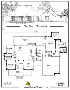 the floor plan for this ranch house is shown in black and white, with two separate rooms