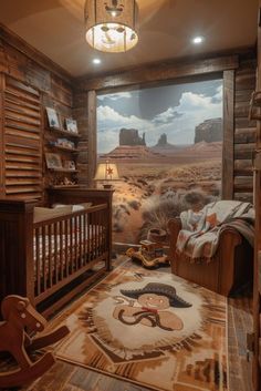 a baby's room with a mural on the wall and a rocking horse bed